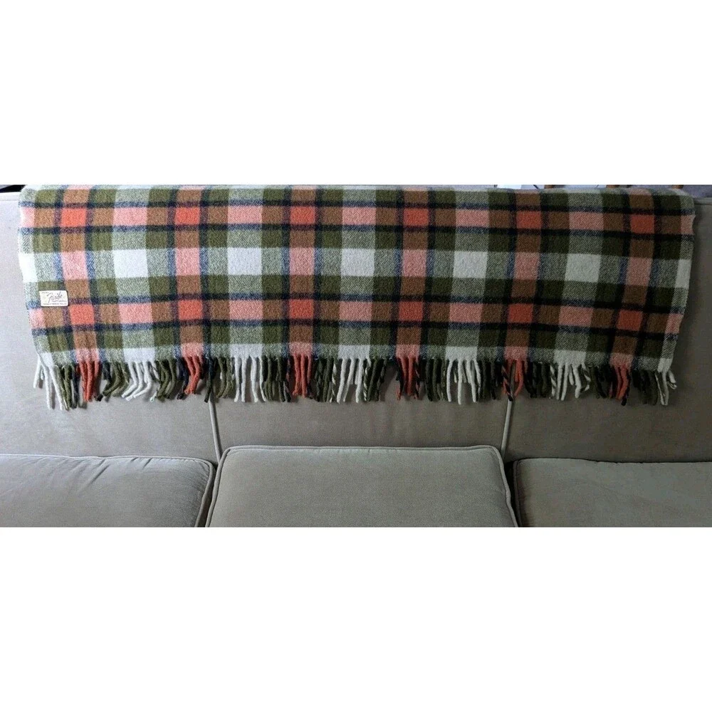 Vintage Faribo Fluff Loomed Wool Throw Blanket Orange Olive Green Plaid Fringe